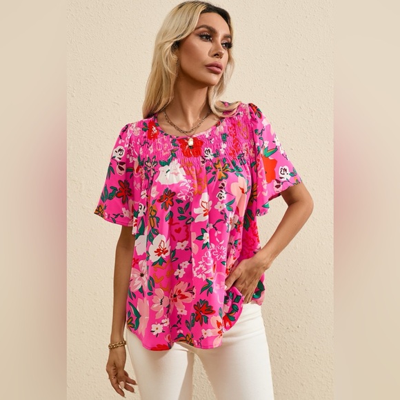 Tops - Smocked Printed Round Neck Half Sleeve Blouse